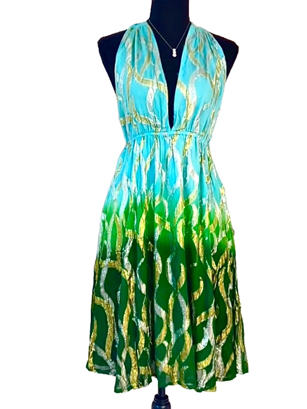 INDIA BOUTIQUE ~ Blue & Green Halter Dress w/Gold and Silver Accent Thread
